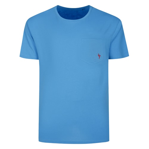 Bright blue T-shirt front view with chest pocket.